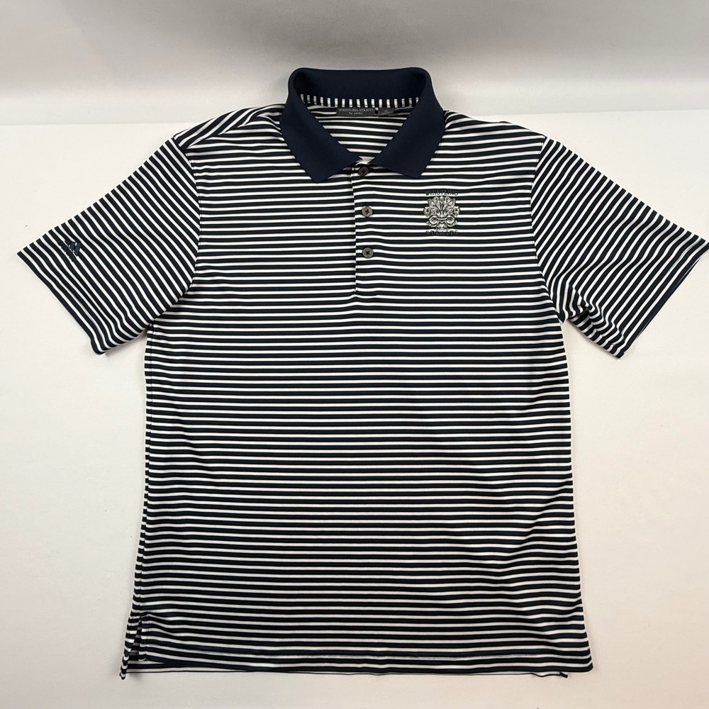 Adidas Whistling Straits Mens Navy Blue White Striped Golf Polo Shirt Size M - Picture 1 of 10